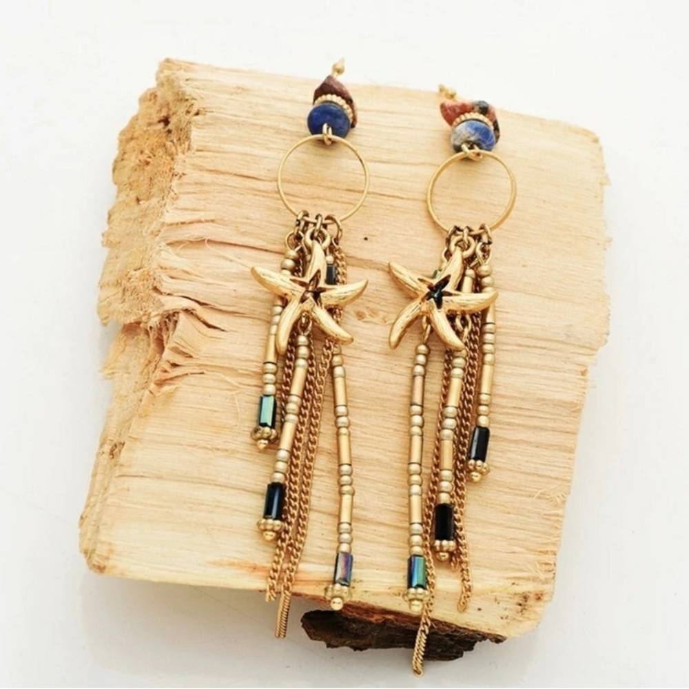 Starfish chain dangle earrings hematite jasper lapis lazul artisan handmade